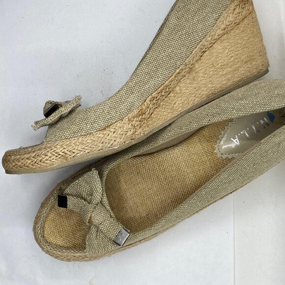 N.Y.L.A. Light Tan Women Size 7.5 Espadrilles Wedges Bow Open Toe Shoes - Picture 4 of 10
